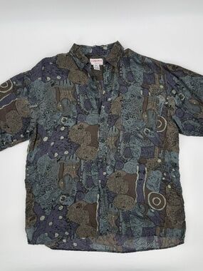 90s Vintage 100% Silk Shirt Abstract Geometric Grunge Earth Tone Button Down XL